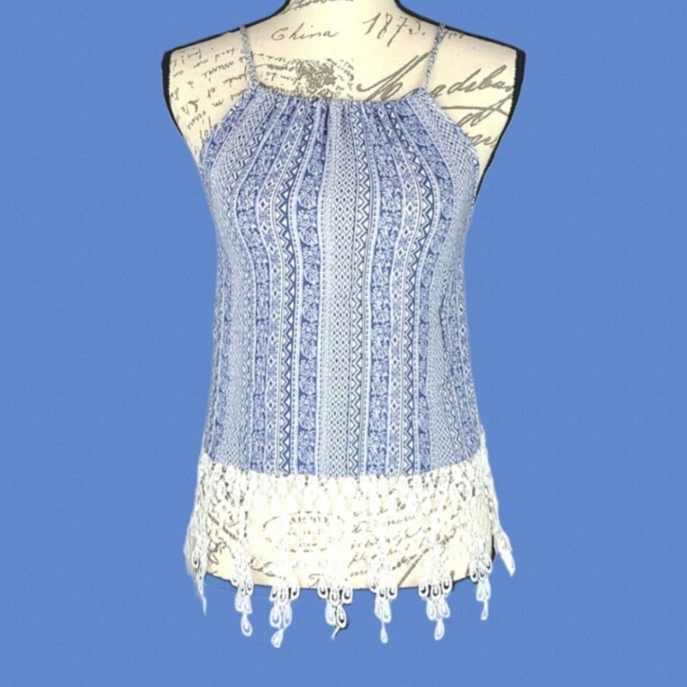 RARE Cami Top Lace Knit Trim Vintage Blouse in Blue White Size S